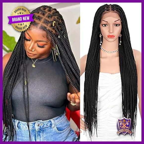 Knotless Box Braid Wig 36 Inch HD Lace Front Synthetic Human Hair Blended